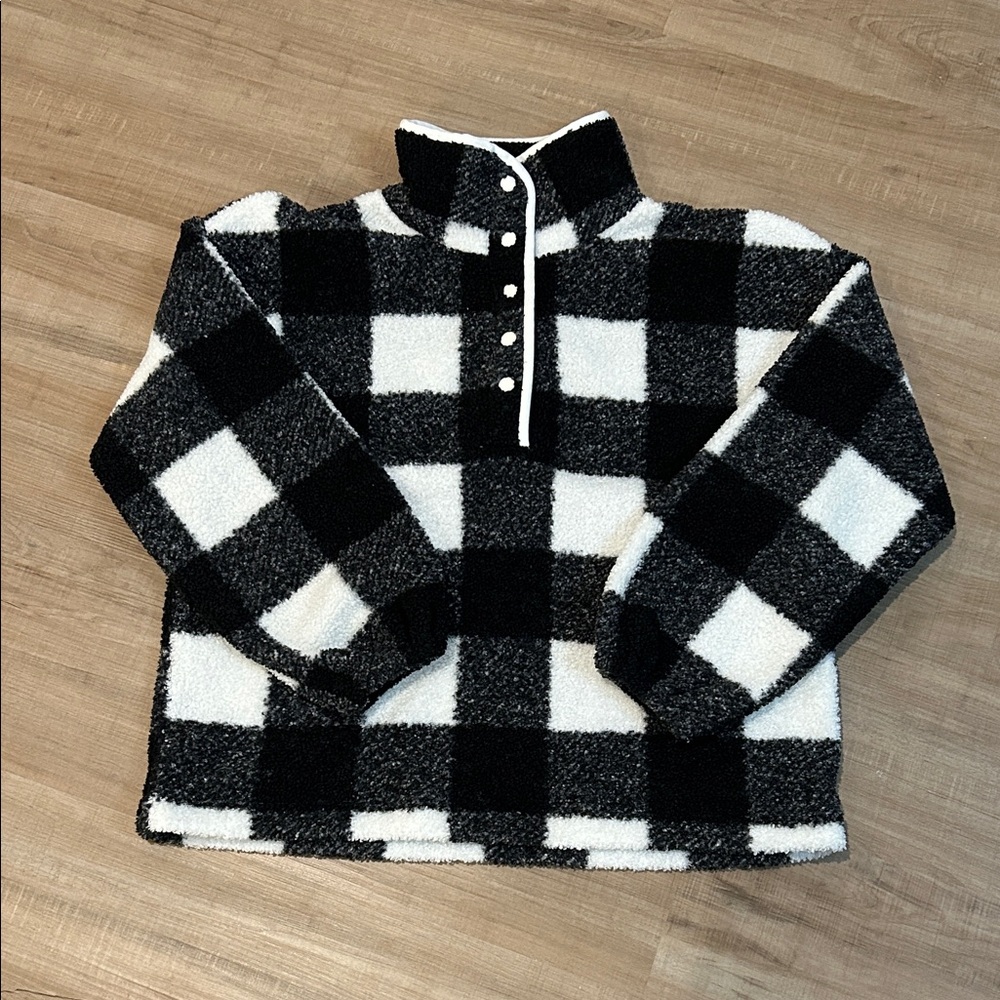 LOFT Black and White Plaid Sherpa Pullover